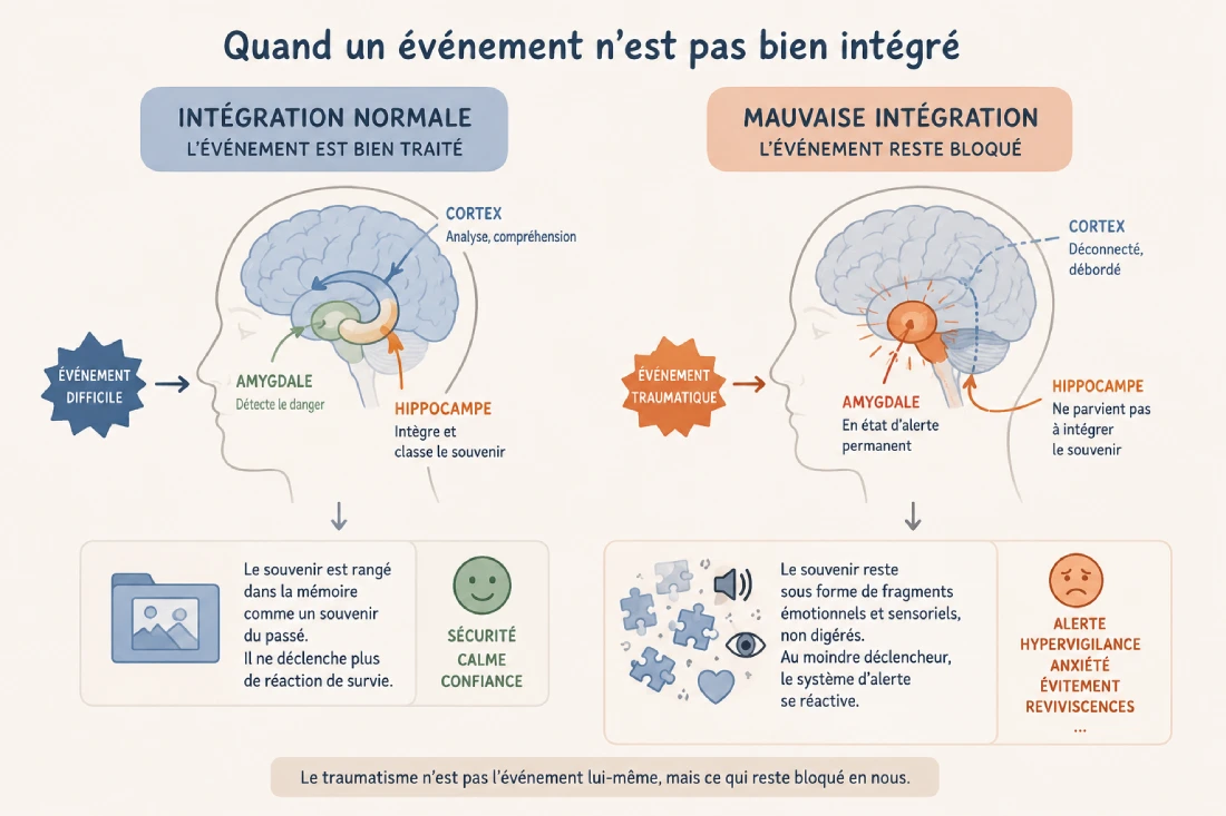 Schéma expliquant la mémoire traumatique et l'intégration d'un événement traumatique